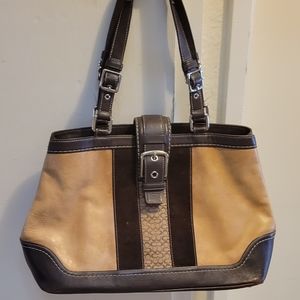 Coach brown Tan classic signature double handles Flap Buckle